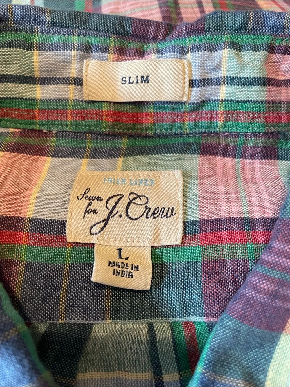 J.Crew Baird McNutt Irish Linen Madras Plaid Button Down Shirt Mens L Slim Fit